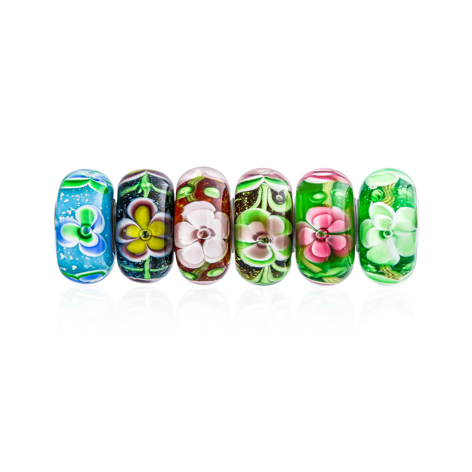 Romantic Mixed Set Of 6 Bundle .925 Sterling Silver Core Translucent Shades Of Aqua Blue Red Green Vintage Style Floral Flower Murano Glass Charm Bead Spacer Fits European Bracelet For Women Teens