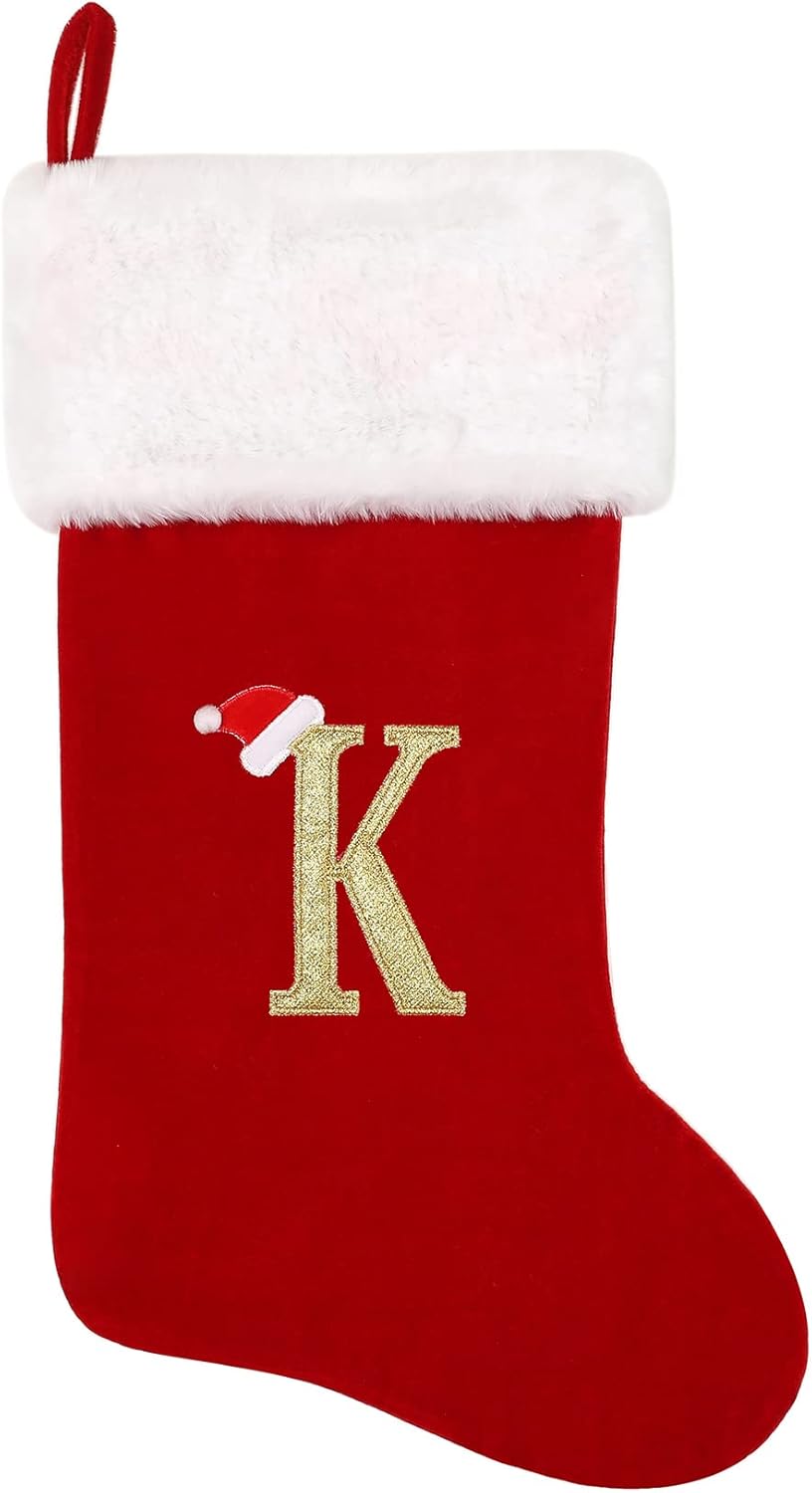 Stockings & Holders - Tokforty 20 Inches Red Velvet with White Super Soft Plush Cuff Monogram Christmas Stockings, Xmas Personalized Embroidered Letter Stockings for Family Holiday Decorations and Xmas Tree Fireplace（K）