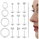 Florideco 14K Gold Filled Nose Rings - 316L Surgical Steel CZ Threadless Studs for Women & Men - Push-in Flat Back Nose Rings for Nostril, Tragus, Helix Piercing