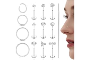 Florideco 14K Gold Filled Nose Rings - 316L Surgical Steel CZ Threadless Studs for Women & Men - Push-in Flat Back Nose Rings for Nostril, Tragus, Helix Piercing
