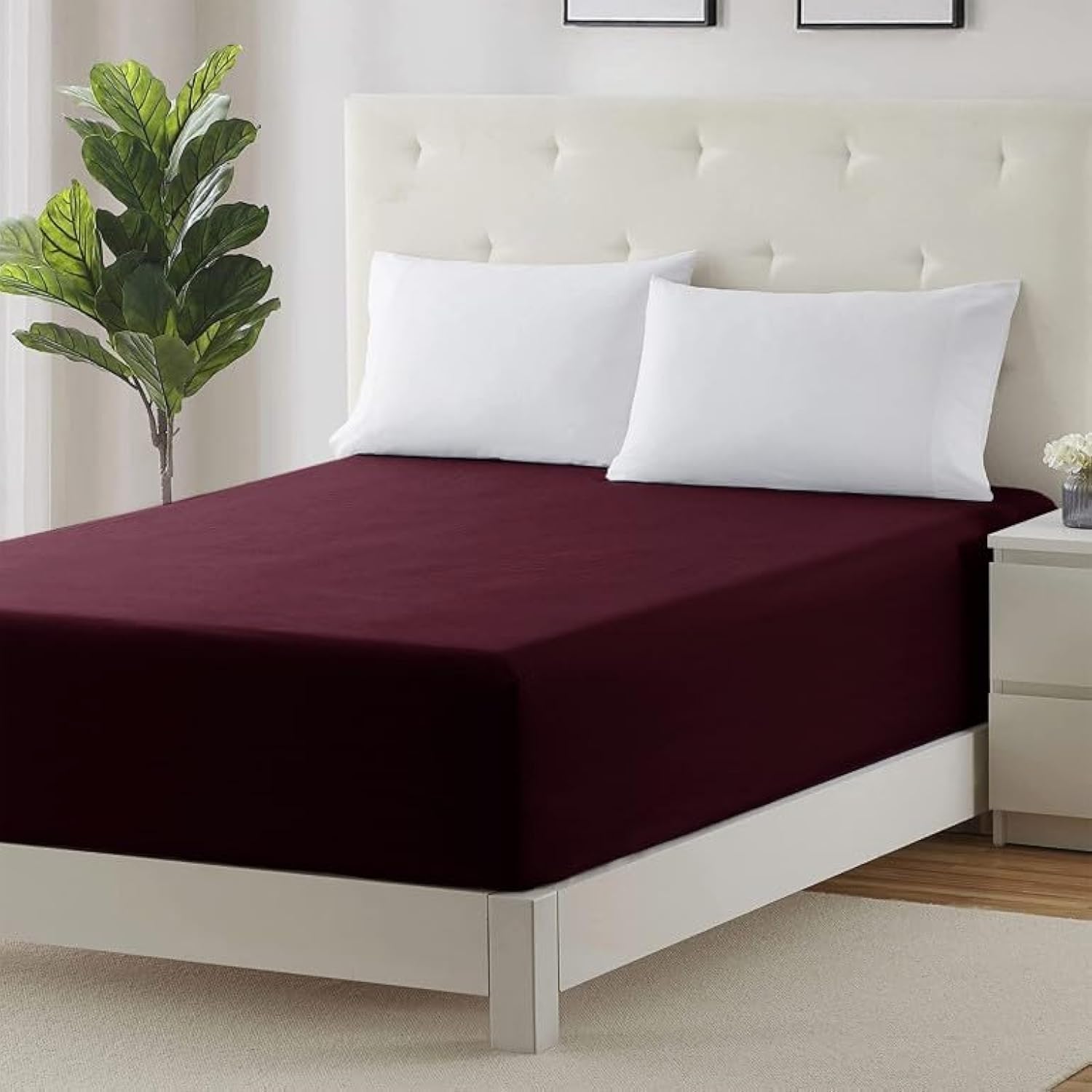 Prime Linens Extra Deep 30Cm Plain Fitted Sheet, Elastic Pocket Breathable Soft Polyester Cotton Bed sheet Machine Washable Fade Resistant (Burgundy, King)