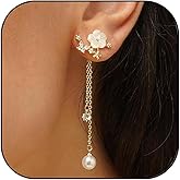 Long Pearl Earrings for Women Trendy Gold Threader Chain Earrings Dainty Flower Wedding earrings For Brides Hypoallergenic Dangling CZ/Pearl Threader earring for Women Jewelry