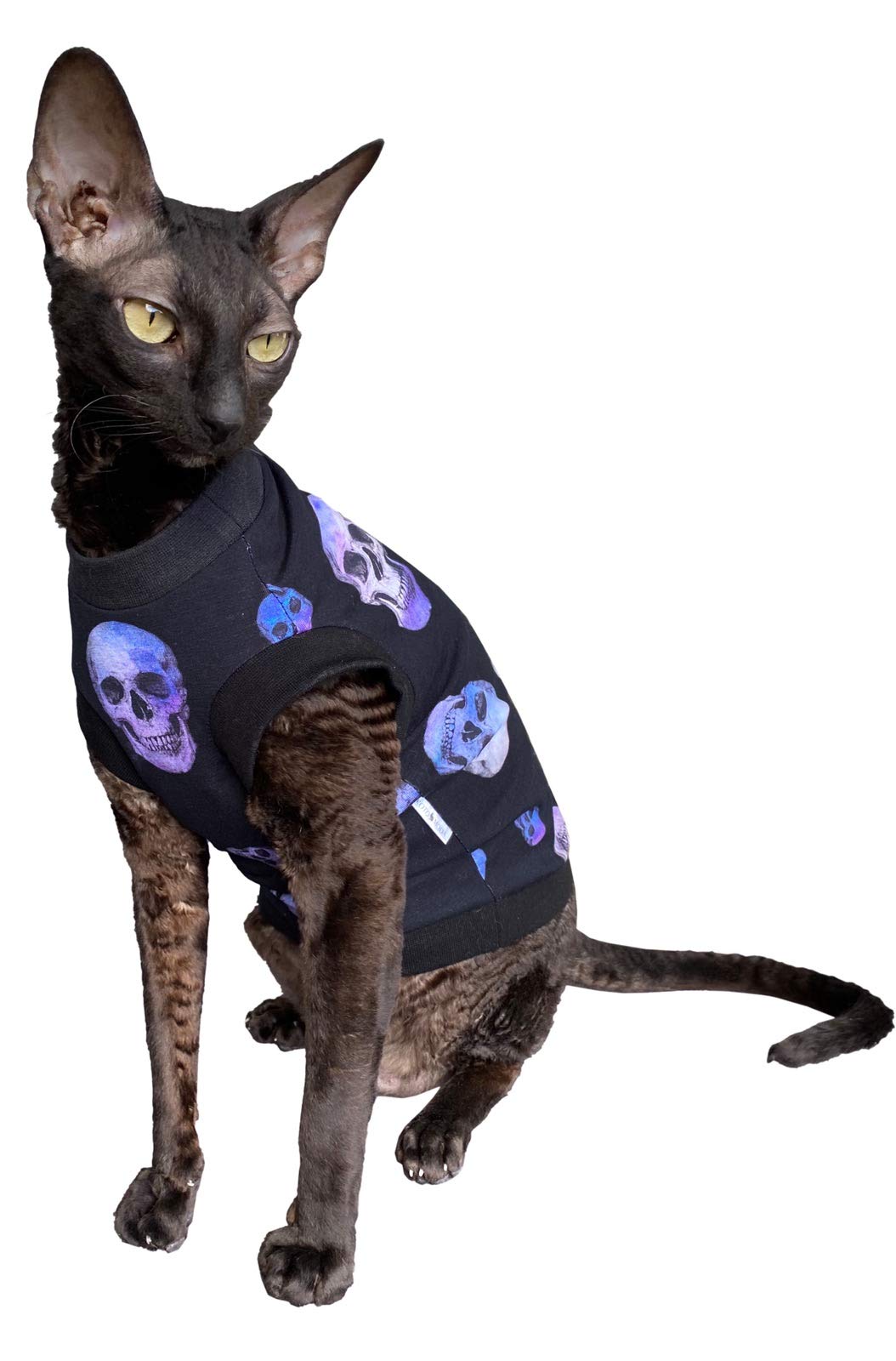 Kotomoda Hairless Cat's cotton stretch T-shirt Purple Sculls for Sphynx Cats (XS)