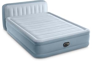 Intex 64449ED Dura-Beam Deluxe Plush Air Mattress with Headboard: Fiber-Tech - Queen Size - Built-in Electric Pump - 18in Bed Height - 600lb Weight Capacity