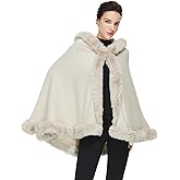SUFCOMOU Poncho Hooded Shawl Wrap Women Cape Winter Faux Fur Trim Coat Sleeveless Cardigan Dressy Cloak for Party