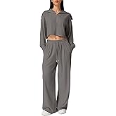 QINSEN Women Cozy 2 Piece Lounge Matching Set Wide Leg Sweatpants Half Zip Crop Sweatshirt Outfits