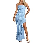 ZESICA Women's 2026 Strapless Bodycon Dress Sexy Off Shoulder Mesh Tassel Ruffle Side Split Tube Party Maxi Dresses