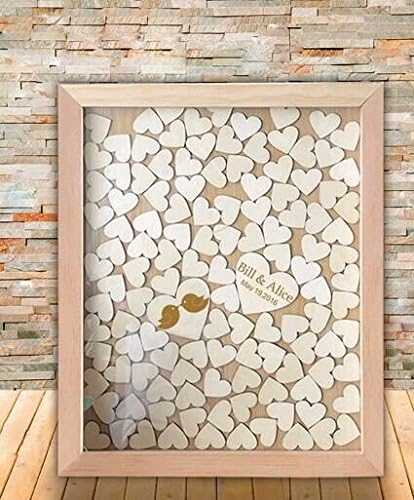 Cute Kiss Birds Personalized Name and Date Wedding Guest Book Alternative Heart Drop Box Rustic Wood Wedding Gifts for Bride and Groom