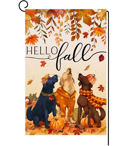 Hzppyz Herbst-Gartenfahne „Hello Fall Dogs“ Mit Ahornblättern – Doppelseitig, 12x18 Zoll