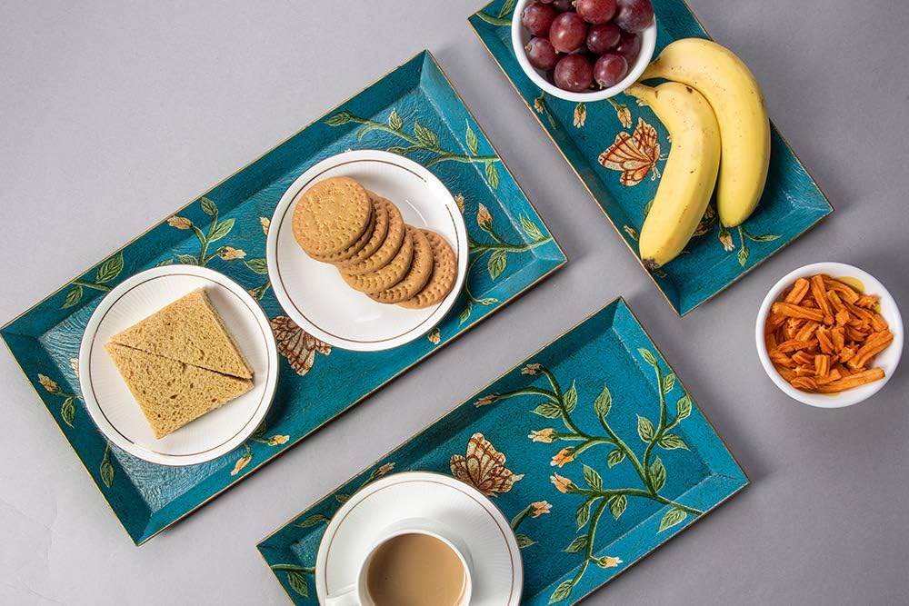SOSPL Hand Painted Toleware HandcraftedTray (Set of 3) for Tea, Coffee, Snacks,Drinks,Fruits for Home & Kitchen