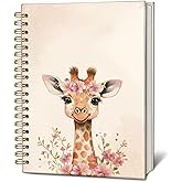 LIANGW Giraffe Floral Spiral Notebook Journal, Cute Pink Flower Aesthetic Journal for Writing, Giraffe Lovers Gifts for Women, Pink Office Supplies, 5.5x8.3 Inch