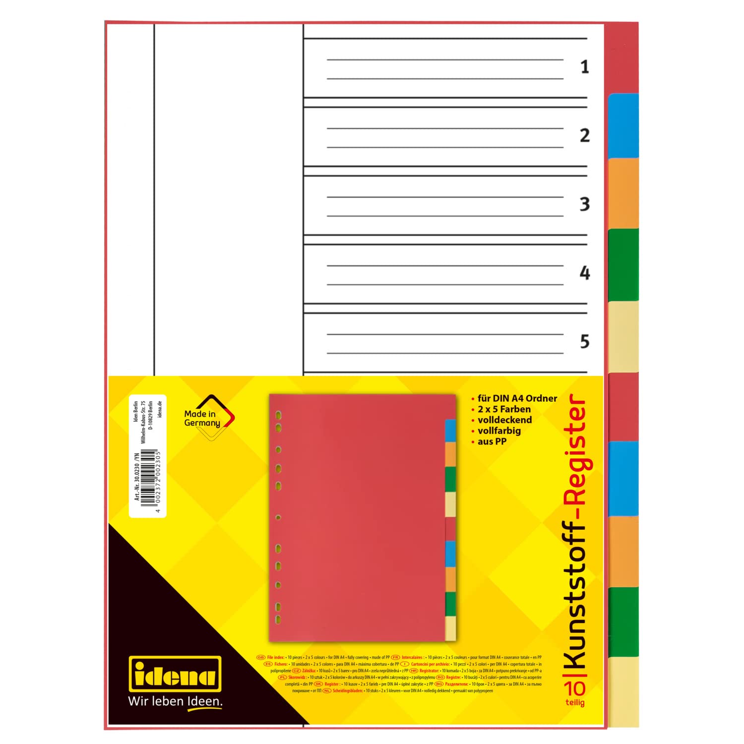 IDENA 300230 Plastic dividers DIN A4, 10 Sheets, Multi-Coloured