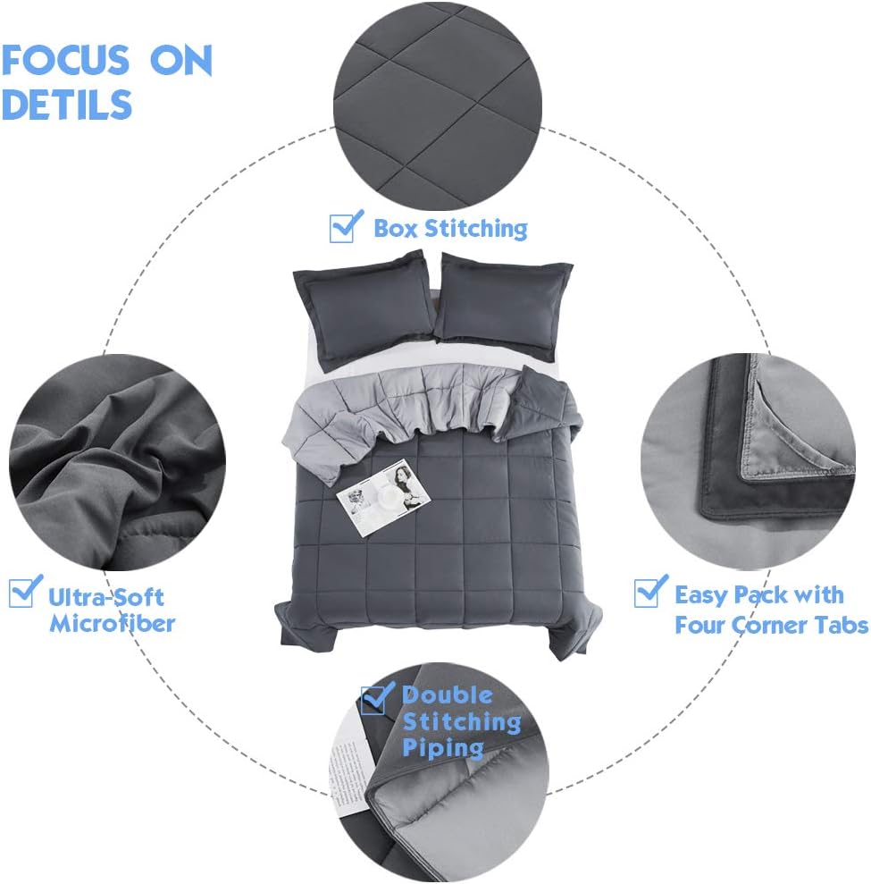 3pc Down Alternative Comforter Set -All Season Reversible Comforter with Two Shams - Quilted Duvet Insert with Corner Tabs -Box Stitched –Hypoallergenic, Soft, Fluffy (King/ CK, Dark Gray/Light Gray): Home & Kitchen