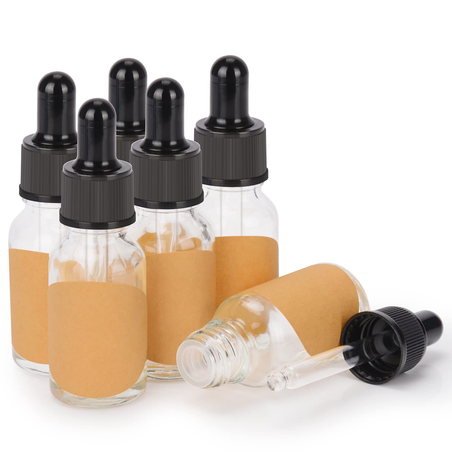 stonylab 15 ml 6-Pack Glass Dropper Bottle, Transparent Empty Bottle with Glass Dropper, Inner Plug and Label for Laboratory Solutions