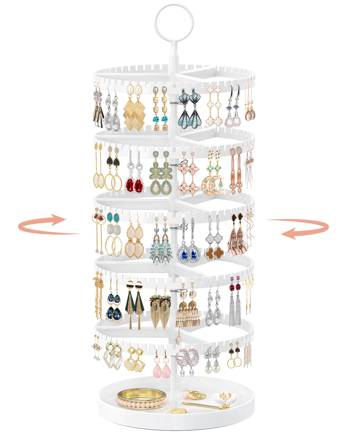 Photo 1 of ***MISSING CONNECTOR ROD***iDavosic.ly 5 Tier Rotating Earring Holder Organizer with Metal Tray, Adjustable Plastic Dangle Display Stands Tree with 285 Grooves, Large Hoop Storage Rack Tower, White