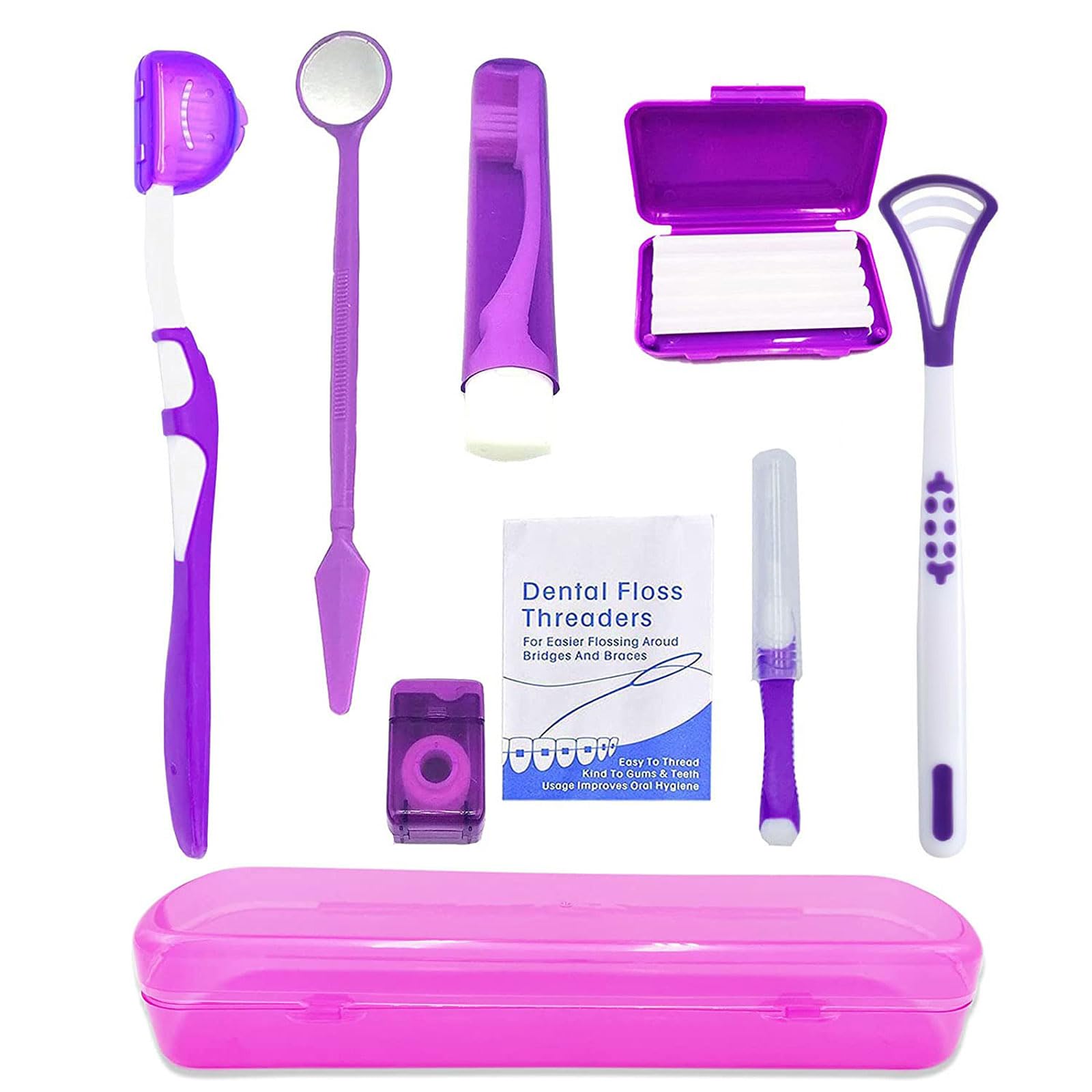 HRASY Portable Orthodontic Oral Care Kit for Braces - Interdental Brush Dental Wax Dental Floss Toothbrush Cleaning Kit(Purple)