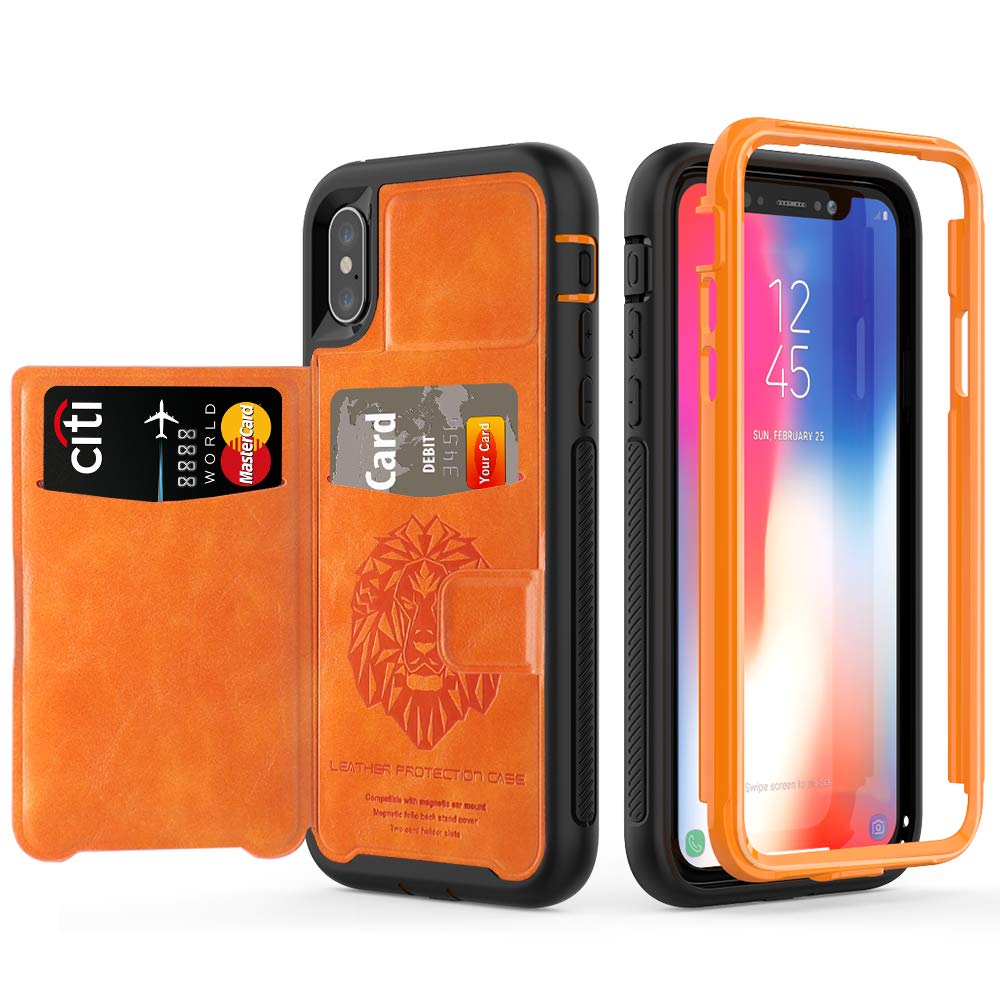 iPhone X Case, iPhone XS Shockproof Protective Wallet Case with PU Leather Card Holder for Apple iPhone X/XS (5.8 inches) [Orange+Black]