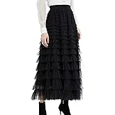 Mliyasan Women’s Layered Ruffles Tulle Skirt Pleated High Waist Fluffy Maxi Skirt Fairy Cake Dress Long Tutu Party Skirt