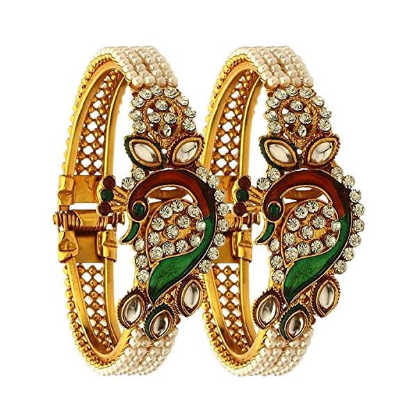 Efulgenz Fashion Jewelry Indian Bollywood Faux Pearl Kundan Rhinestone Peacock Bracelet Bangle (2 Pc)