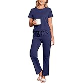 Ekouaer Cotton Pajamas Sets Short Sleeve T-Shirt Top and Long Pants Pj Sets Soft Pjs Sleepwear Loungewear for Women