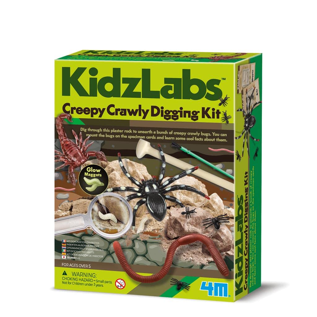 4M KidzLabs Creepy Crawly Digging Kit for Kids | Science Excavation Toy Set with Bugs, Magnifier, Specimen Cards, Digging Tool & Brush | Educational STEM Gift for Boys & Girls Age 5+