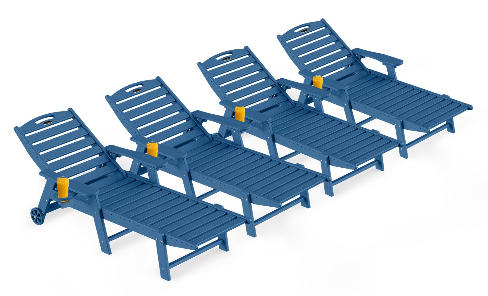 Outdoor Lounge Chair Set of 4, All Weather Patio Chaise Lounge Chair for Outside, HDPE Chair with Rolling Wheels & Cup Holder, 5 Position, Deck, Pool, Navy Blue Image