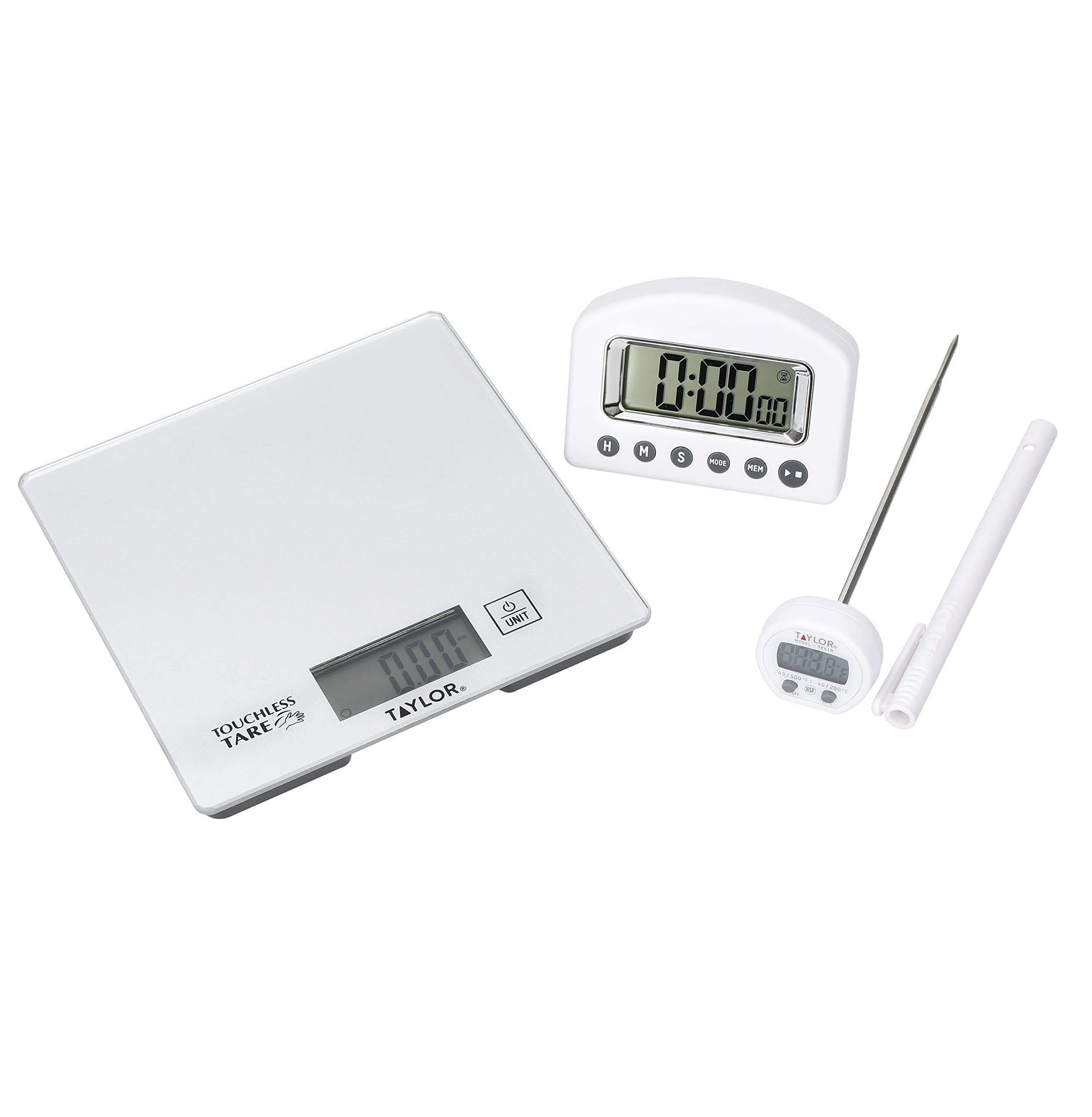 Taylor Pro 3-Piece Kitchen Measuring Set with Hygienic Digital Scales, Instant- Read Thermometer and Timer - White
