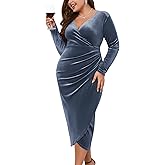 ZOMVA Plus Size Velvet Wrap Dress Ruched Bodycon Dress Long Sleeves Ruffle Long Elegant Party Wedding Guest Cocktail Holiday