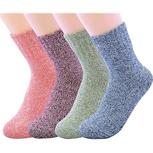 Women's Multicolor Thick Warm Wool Cotton Crew Socks 4 Pairs, Winter Knit Boot Socks for Hiking, Soft Cozy Thermal Vintage So