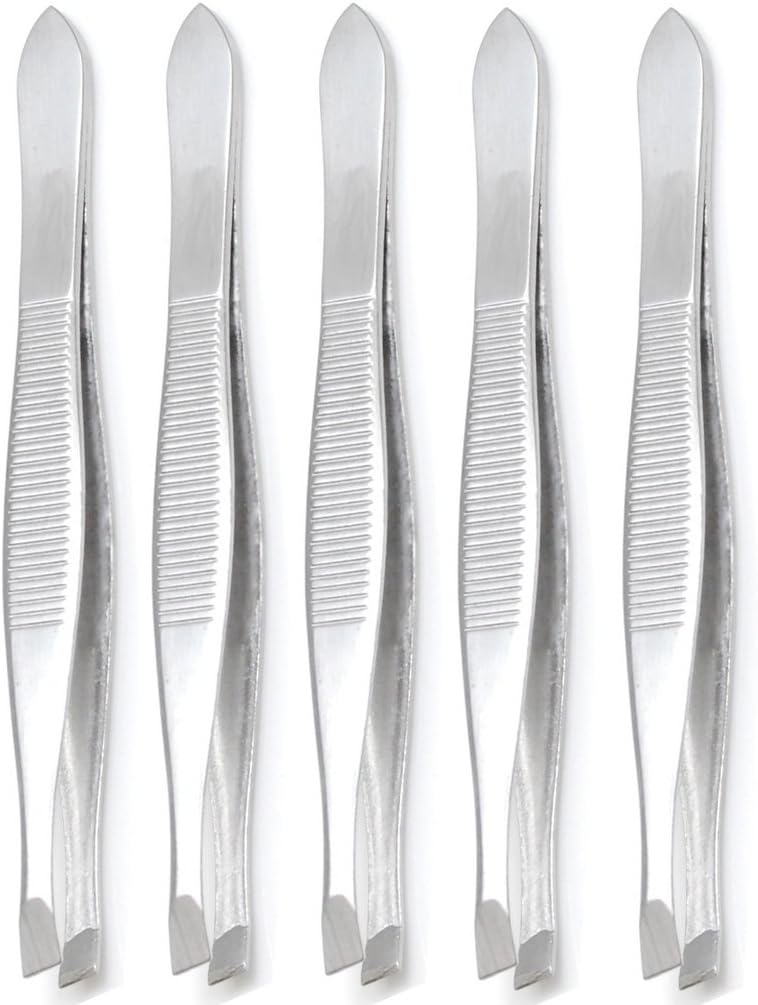 Luxxi (5 Pack) Slant Tweezers - Precision Sturdy Stainless Steel Slant Tip Tweezers Hair Plucker for Hair and Eyebrows Personal Care (Silver Tone)