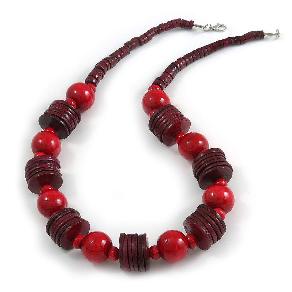 Avalaya Cherry Red/Burgundy Red Wood Button & Bead Chunky Necklace - 60cm Long