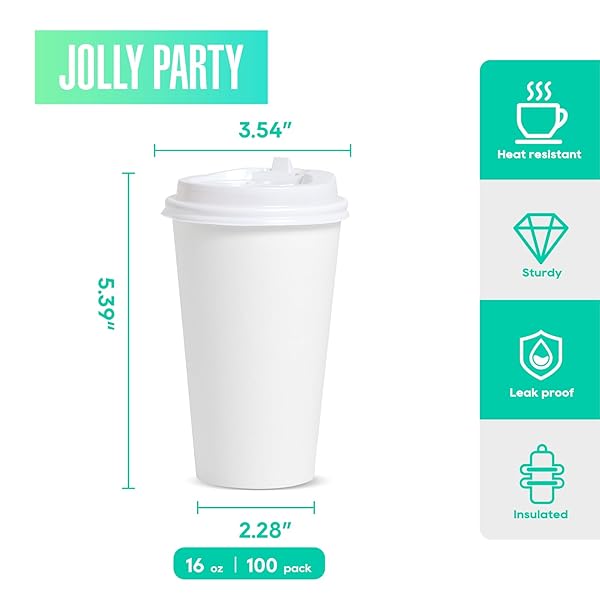 JOLLY PARTY [100 PACK] 16 OZ PAPER COFFEE CUPS, DISPOSABLE PAPER CUP WITH LIDS, HOT/COLD BEVERAGE DRINKING CUP FOR WATER, JUICE, COFFEE OR TEA, SUITABLE FOR HOME, SHOPS AND CAFES