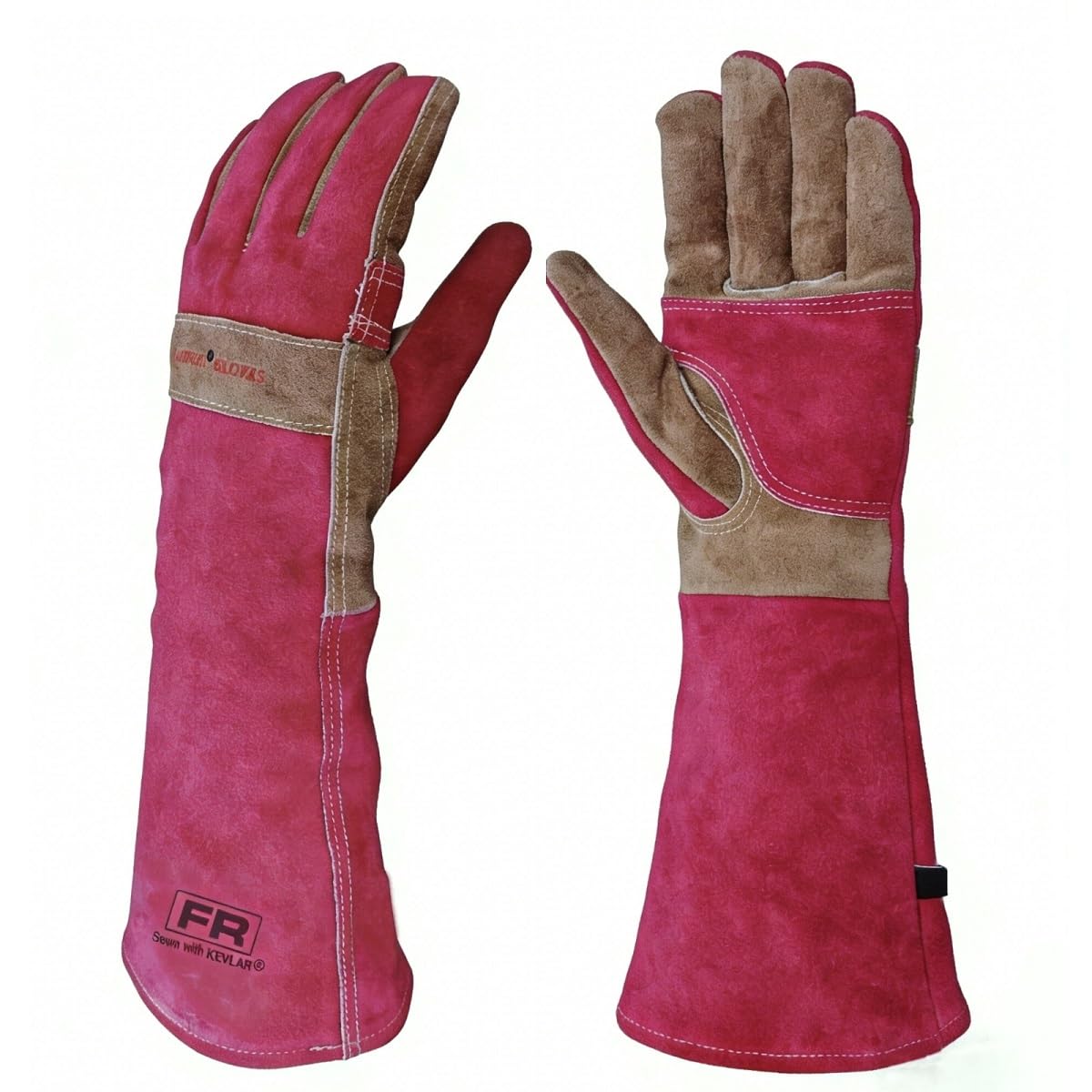 AOUCHI Cowhide BBQ Welding Gloves, Long Sleeve Fireproof and Heat Resistant Mitts for Barbecue, Firefighting, Fireplace, Oven, Baking, Stove (Rose Red, M)