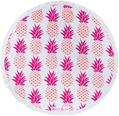 Bonita Beach Collection Round 'Roundie' Beach Towel Thick Terry Cotton with Fringe Tassels - Various Designs &amp; Colors, The Maui Pineapple (Pink)