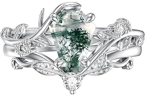 Luyona Natural Moss Agate Ring for Women 925 Sterling Silver Pear/Oval/Kite/Heart/Hexagon/Emerald/Coffin Cut Green Leaf Moss Agate Engagement Ring Promise Bridal Set Anniversary Birthday Jewelry Gifts
