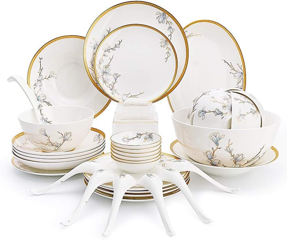 WLNKJ Ceramics Dinnerware Set with 36 Pieces,Bowl/Dish/Spoon|Bone China Dinner Sets,Magnolia Blossom Pattern Porcelain Combination Set