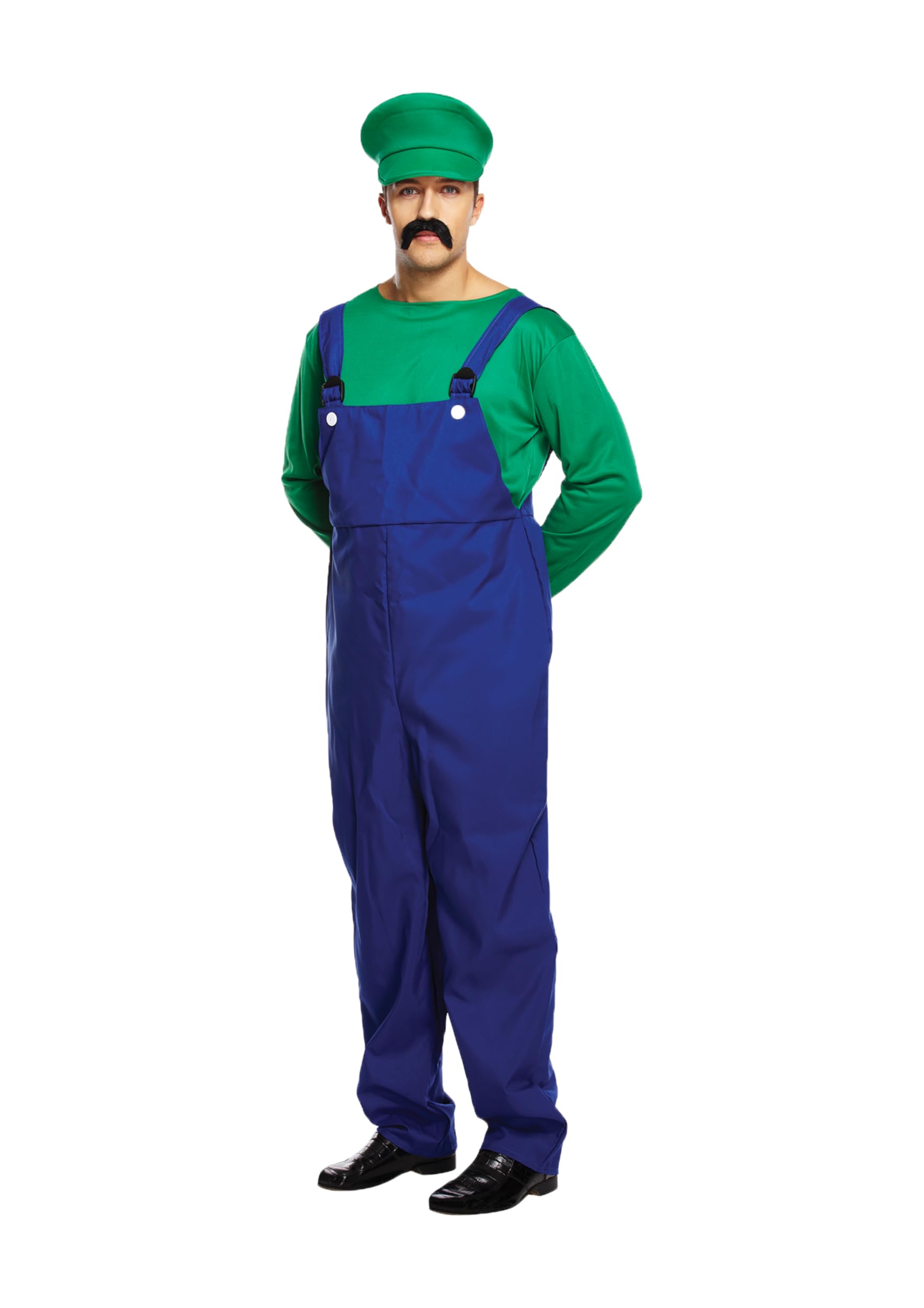 HENBRANDT Adult Men’s Green Super Plumber Fancy Dress Costume Retro 1980s Videogame Green and Blue Overalls Moustache Brothers Workman Dress Up Outfit One Size Mens Fancy Dress Costume — image 1