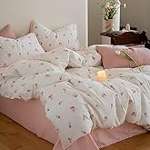 Erwinmu Floral Comforter Set Queen Size - 3 Pieces Pink White Floral Comforter Bedding Sets Tulips Pattern,Queen Bed in a Bag with Heart Comforter and 2 Pillowcases