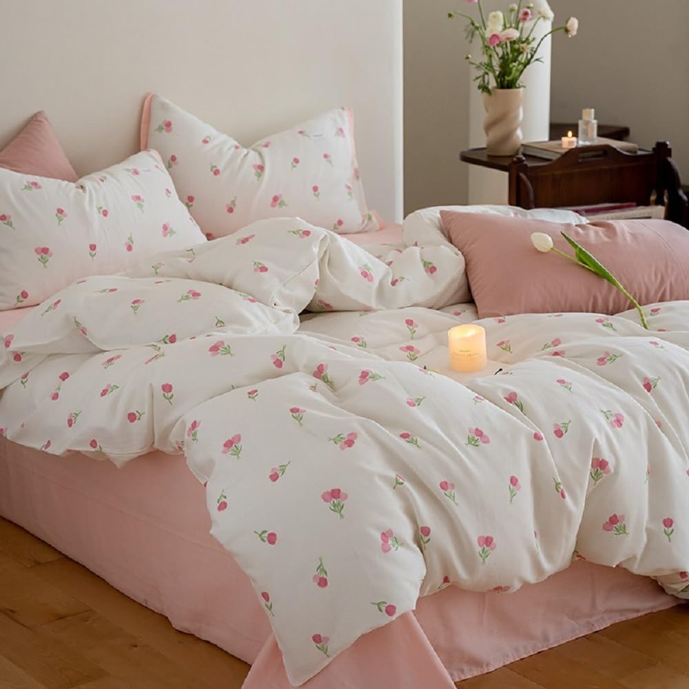 Photo 1 of Erwinmu Floral Comforter Set Queen Size - 3 Pieces Pink White Floral Comforter Bedding Sets Tulips Pattern,Queen Bed in a Bag with Heart Comforter and 2 Pillowcases
