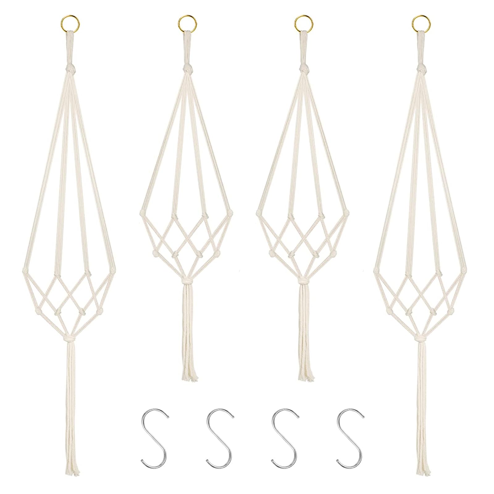 Qianxihu 4Pcs Rope Hanging Planter Basket Cotton Rope Macrame Plant Hanger with 4 Hanging Hooks Flower Pot Hanging Rope for Indoor Outdoor Garden Home