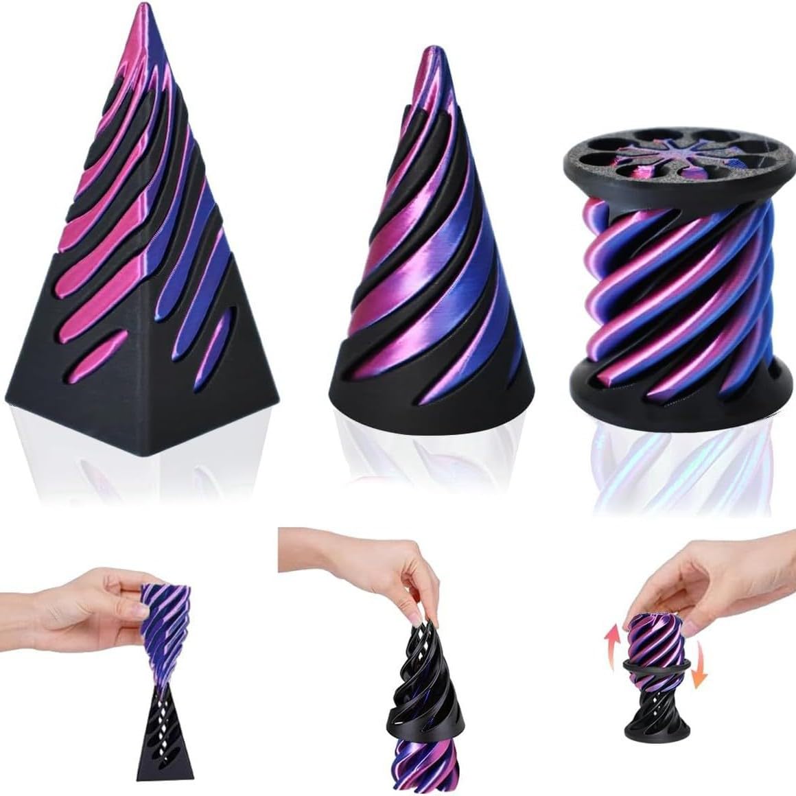 LEBKFT 3 Pcs 3D Printed Spiral Cone Fidget Toys, Impossible 3D Spiral Pyramid Fidgets for Stress Relief and Focus Sensory Toys for Adults and Kids Home Office Desk Decoration Gifts (Type A)