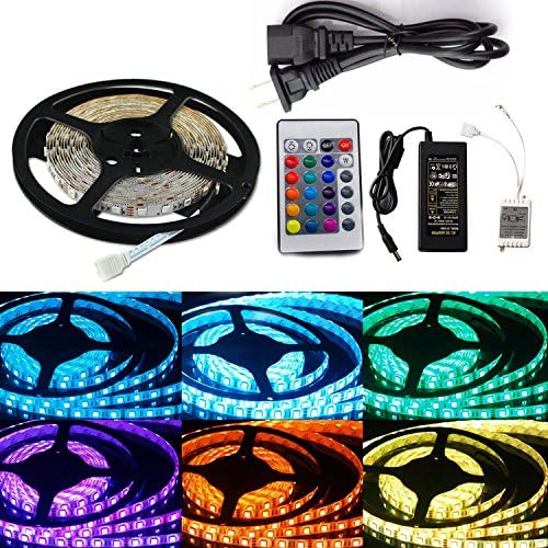 16.4Ft RGB Led Strip Lights Kit Flexible 5M 300 Leds SMD5050 Non-waterproof LED Light Strips with DC 12V/5A Power Adapter IR Control 24 Key Remote Control Color Changing, White LED Tape Version