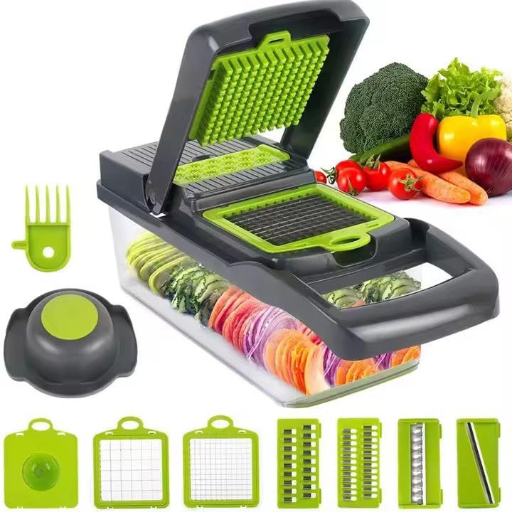 Photo 1 of 16-in-1 Multifunctional Vegetable Chopper & Slicer with Container – Manual Food Cutter with Interchangeable Blades for Slicing, Dicing, Grating, and Peeling – Kitchen Gadget Tool Set