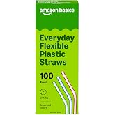 Amazon Basics Disposable Striped Plastic Flex Straws, Assorted Colors, 100 Count, Large Pack, Packaging May Vary