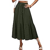 HELYO Women's Casual Skirts Boho Elastic Waisted Flowy Drawstring Ruched Length A Line Tiered Midi Dress Skirt 8628