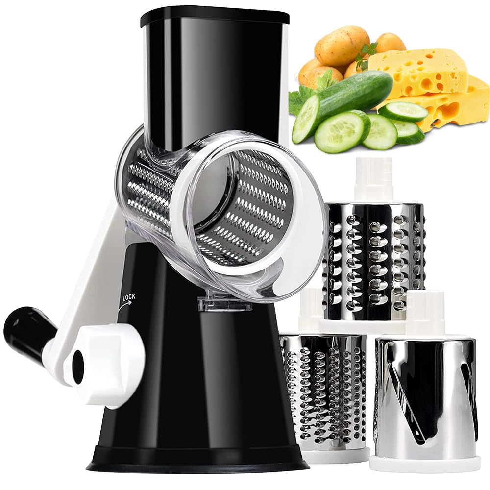 KEOUKE Rotary Cheese Grater with Handle Vegetable Cheese Shredder Slicer Grater for Kitchen 3 Changeable Blades for Cheese Potato Zucchini Nuts Chocolate - Black