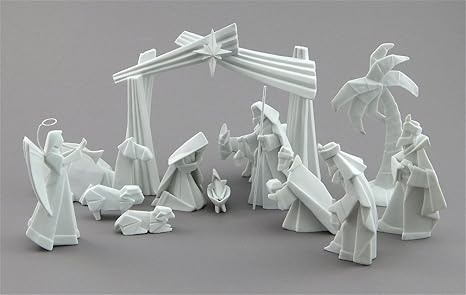 Porcelain Origami 15 Piece Nativity Set With Animals And Backdrop - 