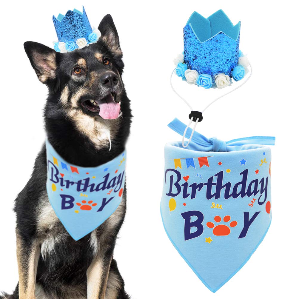 Dog Birthday Bandana Boy Scarf and Crown Dog Birthday Hat, Flower Headwear for Medium to Large Dogs Blue
