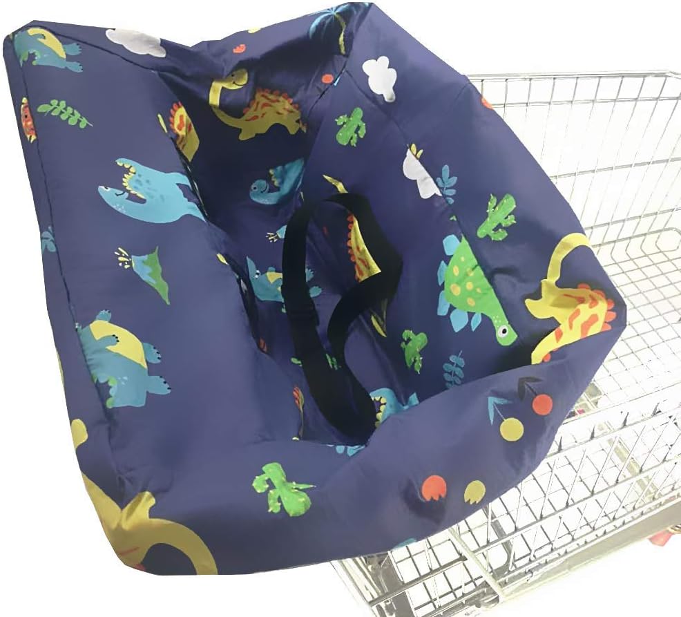 Standard Size 2-in-1 Shopping Cart Cover with Safty Harness | High Chair Cover for Baby (Blue Dinosaur)