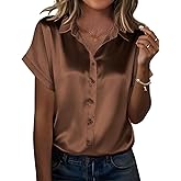 Zeagoo Silk Blouse for Women Short Sleeve Satin Button Down Shirts Casual Loose V-Neck Business Work Tunic Top